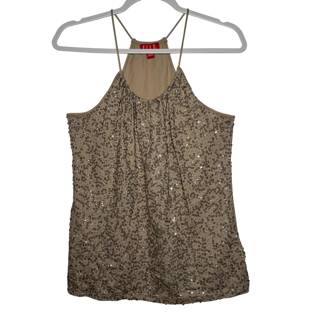 ELLE Women Tan Sequin Halter‎ Neck Tank Top Size S